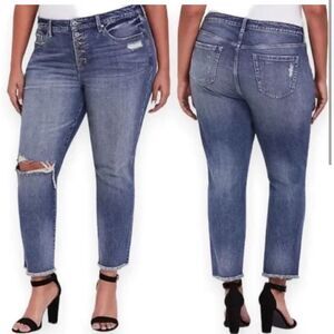 EEEUC TORRID HIGH RISE STRAIGHT BUTTON FLY JEANS SIZE 22R LIGHT DISTRESSING